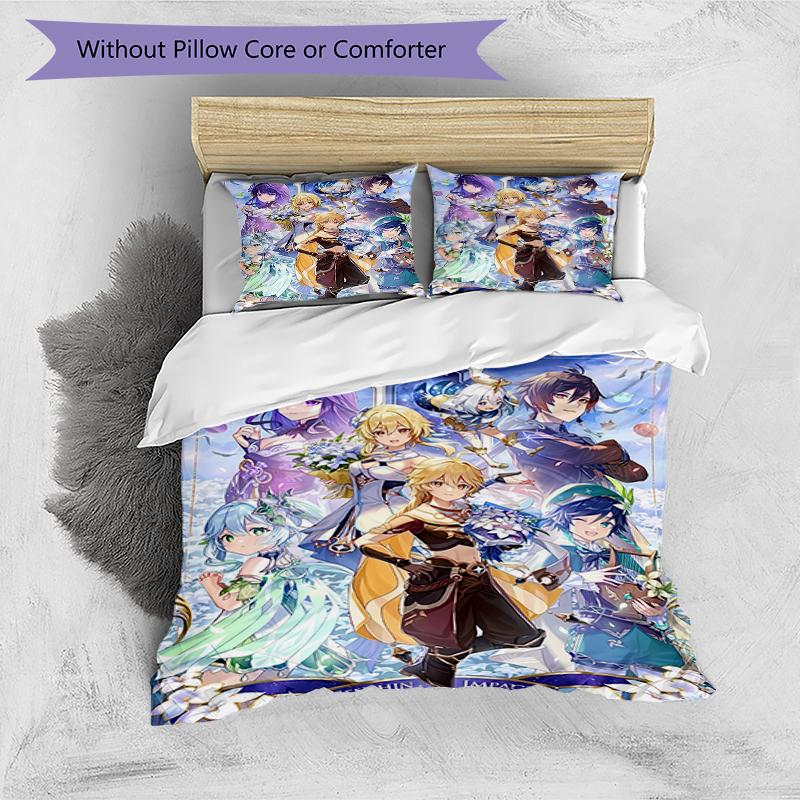3pcs Genshin Impact pattern bedding set duvet cover set includes duvet cover &pillowcases, perfect all season bedroom decoration & gift