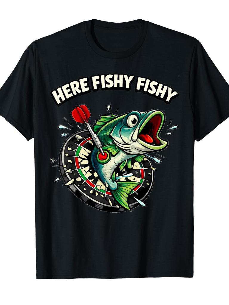 1PC Funny Big Fish Motif for Dart Players | Fish And Bullseye T-Shirt,Casual Attire, Machine Wa