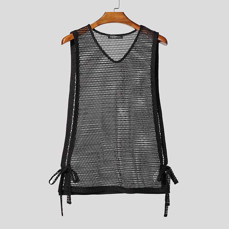 INCERUN Summer Men Sleeveless Split Lace Up Vest See Through Tank Tops