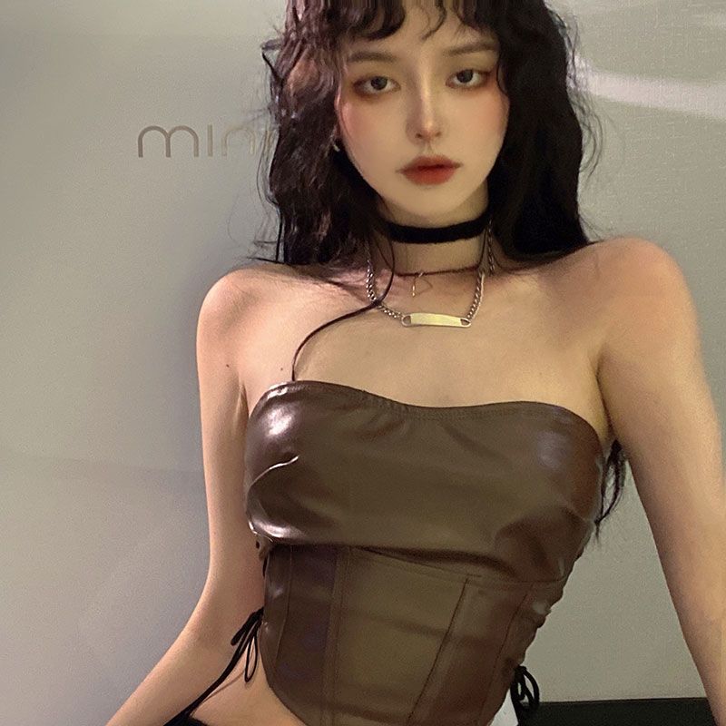 Женский черный топ без бретелек из искусственной кожи, корсетный кроп-топ со шнуровкой по бокам