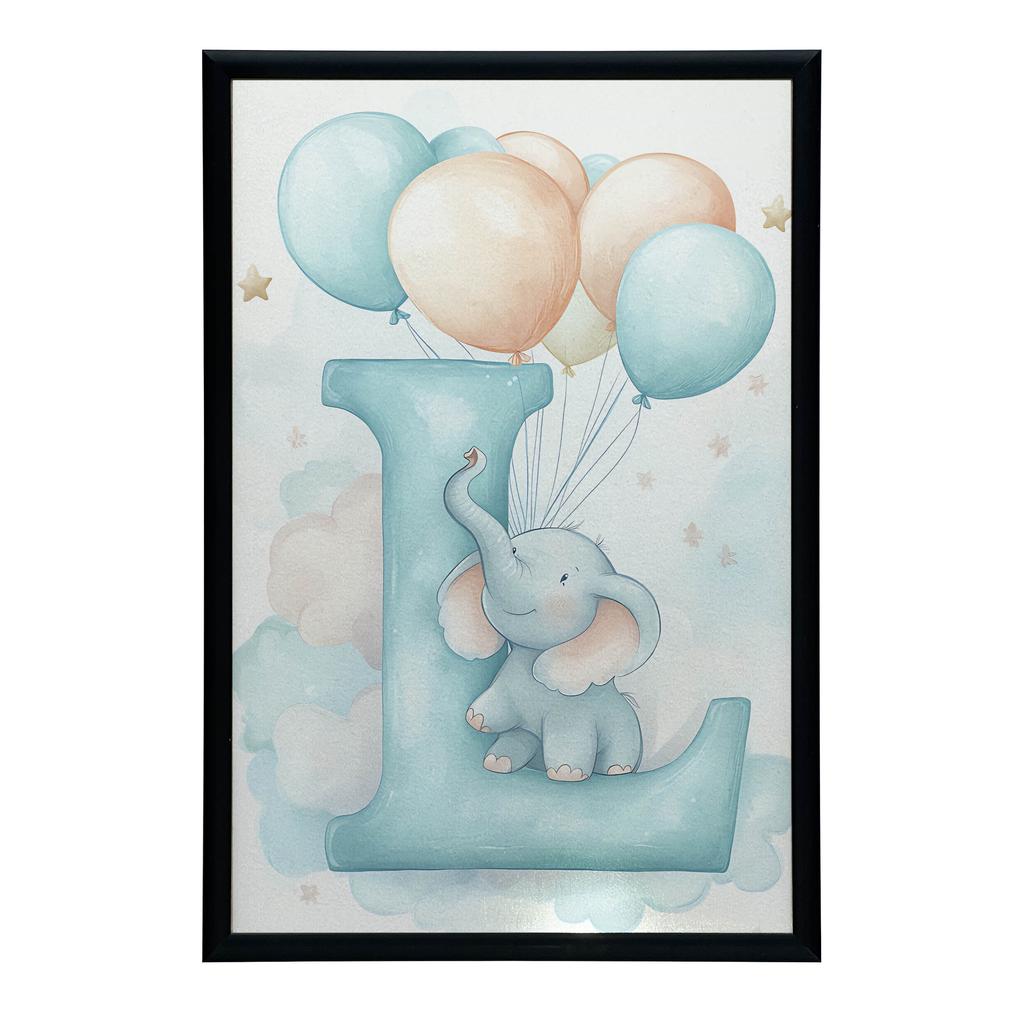 Плакат Буква "I" С Шарами И Слоном Плакат Буква "I" С Шарами И Слоном, 30X40 См, Рама Деревянная Светлый Дуб, Матовая Бумага 230 г/м²