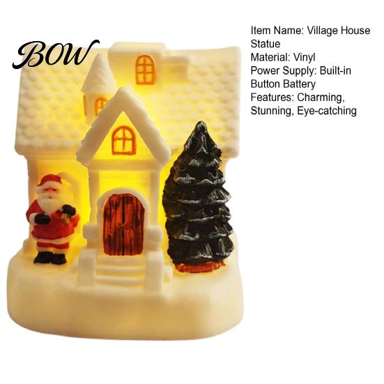 Snowy Cottage Figurine LED Lighted Christmas Village House Statue, Light Up Small Figurines with Santa Claus Relief Statue Xmas Tree Claus,