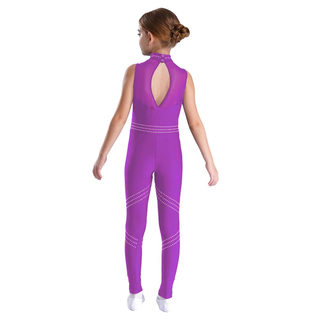 Girls Sleeveless Mesh Patchwork Jumpsuit Full Body Shiny Rhinestone Leotard for Figure Skating and Dance