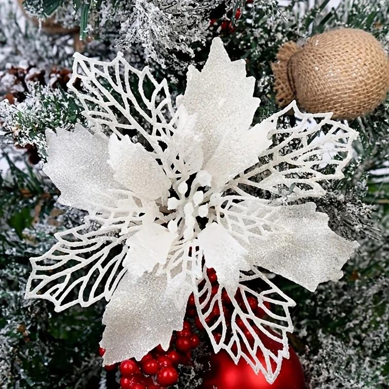 10pcs/set Christmas Glitter Flower 10cm Gold Silver Red Artificial Floral Head Xmas Tree Decoration Home New Year Navidad Gifts