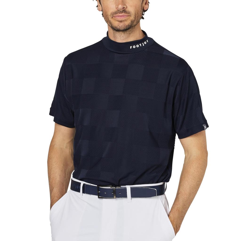 FootJoy Men's Check Jacquard Short Sleeve Mock Neck Golf Shirt, Dark Navy, Size M (FJ-S25-S05, 34684-M)