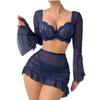Explosive sexy mesh lace perspective horn long-sleeved erotic underwear split three-piece set