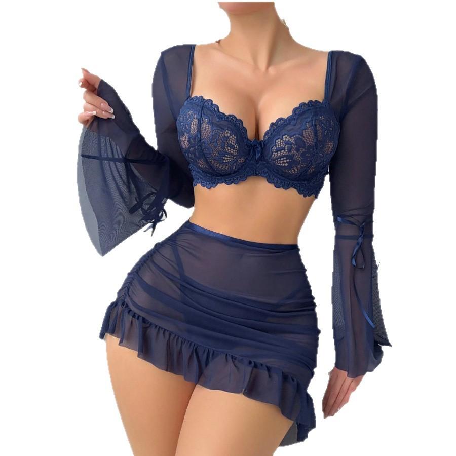 Explosive sexy mesh lace perspective horn long-sleeved erotic underwear split three-piece set
