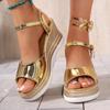 Модные золотые босоножки-клинья с открытым носком для женщин 2025 летняя мода ремешок с пряжкой высокий каблук сандалии женские туфли на платформе женская обувь