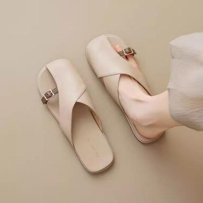 Женские полусабо с мягкой подошвой, весенне-летняя верхняя одежда, новые офисные ленивые кожаные шлепанцы на плоской подошве, женская обувь