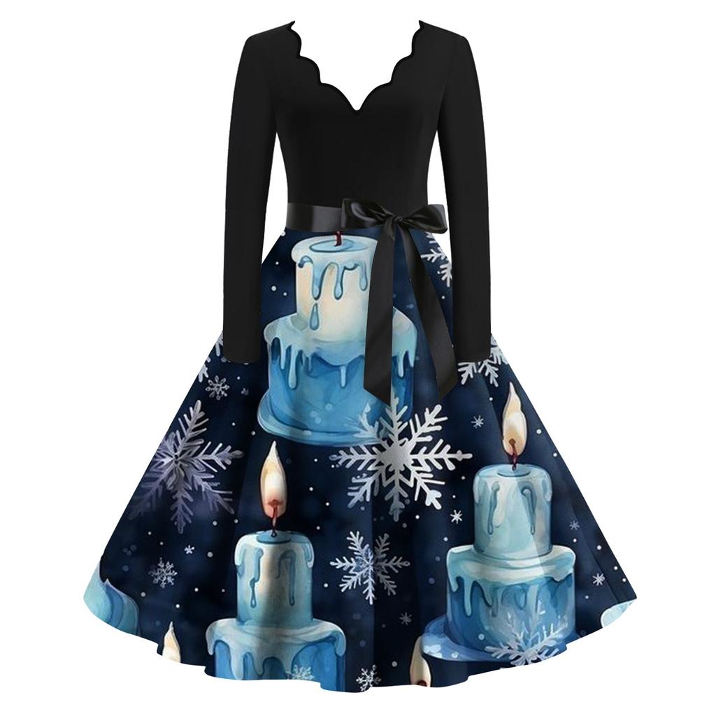 Women's Casual Fashion V-neck Long Sleeved Retro Christmas Print Retro Dress Autumn