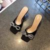 European and American Thin-heeled Rhinestone High-heeled Slippers Women's 2025 Fashion Square Head Large Size Satin One-word Bow Sandals
