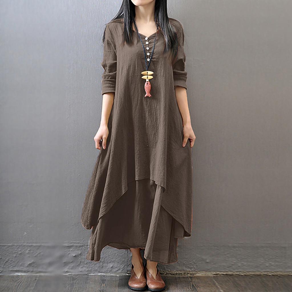 Женское повседневное свободное платье из хлопка и льна с длинным рукавом в стиле бохо, нерегулярное платье