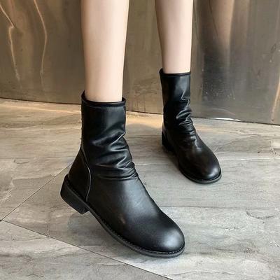 Европейские и американские винтажные короткие ботинки 2024 года, осенние плиссированные ботинки на низком каблуке с высоким верхом и молнией сзади, женские мотоциклетные ботинки Trafza