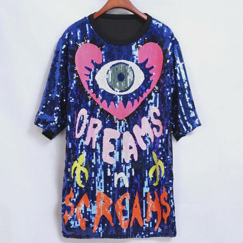 Свободная футболка с пайетками в виде сердечек персикового цвета 8 цветов - Коллекция весна/лето 2024 г.