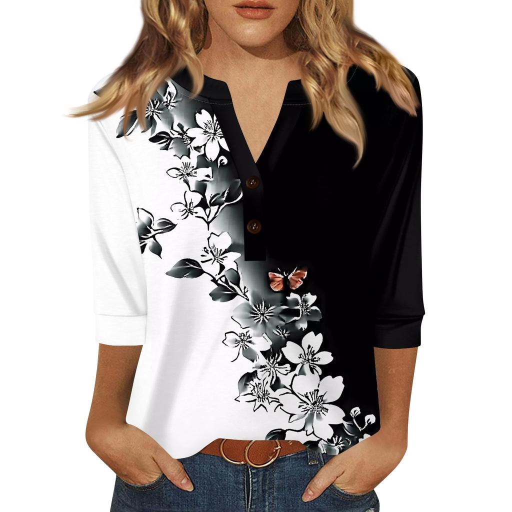 Жен. Футболка С принтом Пуговицы Рукав 3/4 Повседневные Выходные Мода Классический Классический V-образный вырез Обычный Верх