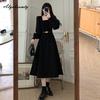 Корейский стиль Осень Зима Женское миди-платье Квадратный вырез Вязаный пэчворк Повседневное свободное платье с поясом Элегантное женственное винтажное платье