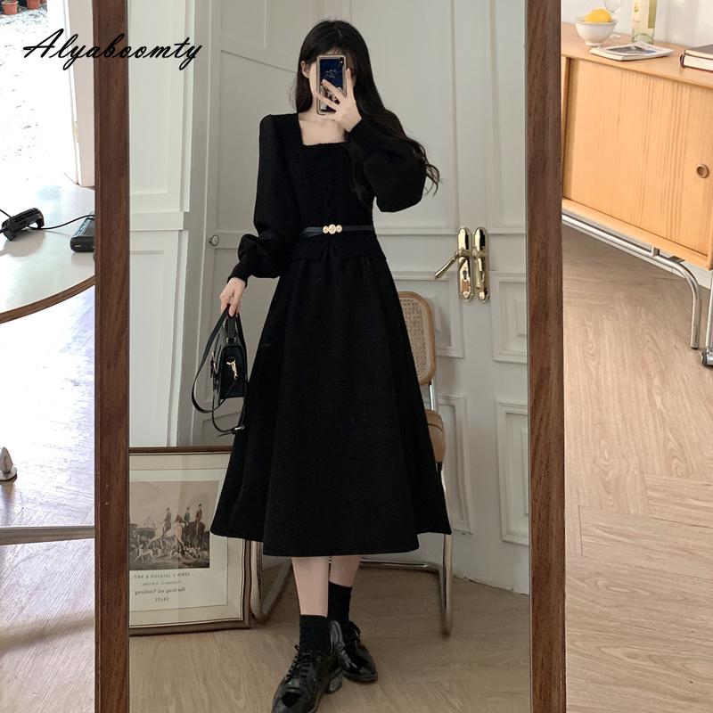 Корейский стиль Осень Зима Женское миди-платье Квадратный вырез Вязаный пэчворк Повседневное свободное платье с поясом Элегантное женственное винтажное платье