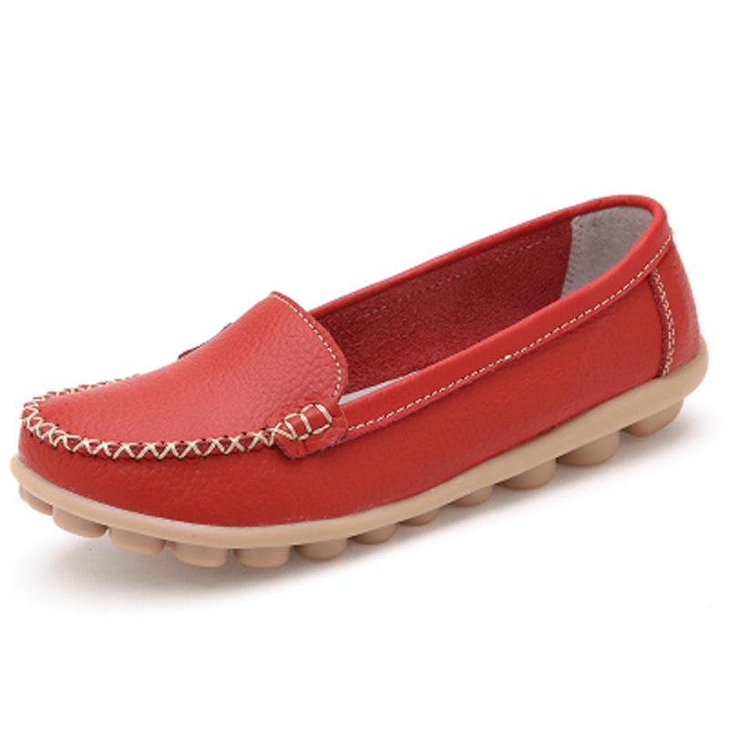 Shoes for Women Spring Large Size Genuine Leather Women's Shoes Round Toe Flat Casual Shoes for Women Non-slip Pregnant Women Bean Shoes for Women
