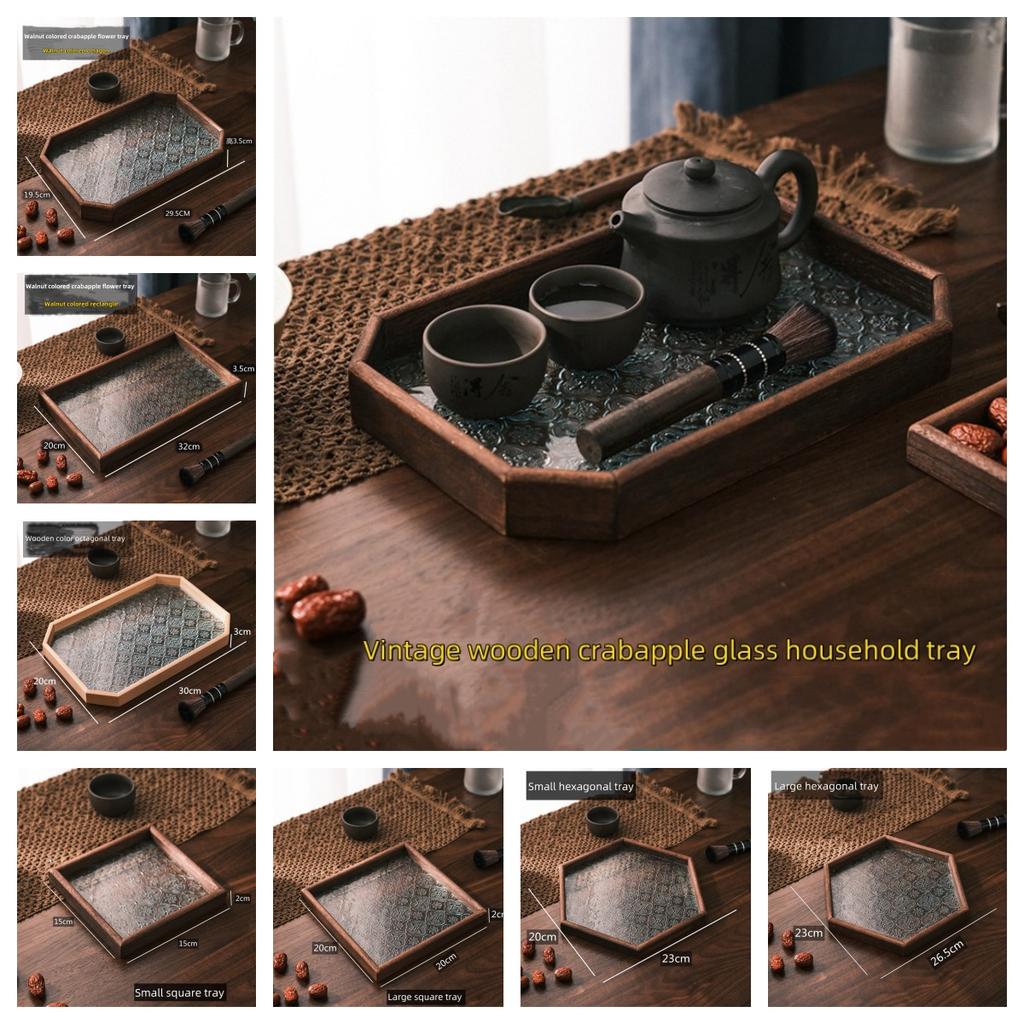 Vintage Wood Crabapple Glass Walnut Snack Storage Box Rectangular Tea Tray Dried Fruit Dim Sum Tray Household Tray