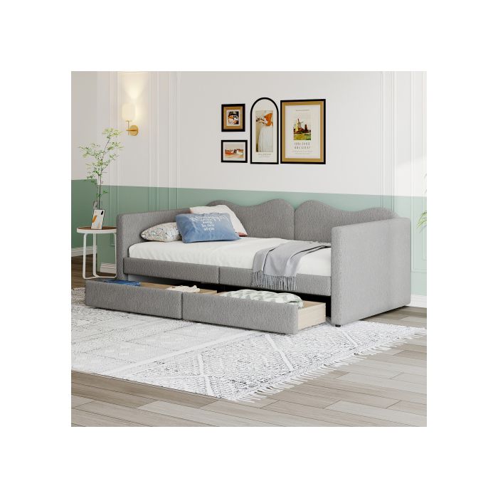 Lit d'enfant - MUVOE - 90x200 cm - Tiroirs de rangement - Tissu Teddy - 2 places