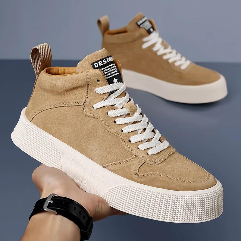 FashionItalian Men Retro Genuine Leather Shoes Thick Sole Mid Top Couple Ankle Boots Casual Autumn/Winter Outdoor Boots Round Toe Boots