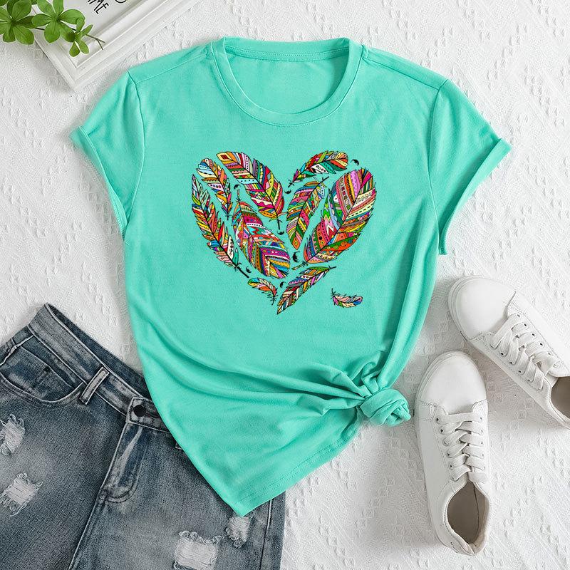 Летние женские футболки больших размеров с принтом в виде перьев и сердец, свободные, с круглым вырезом, повседневные, из чистого хлопка, с короткими рукавами, женские
