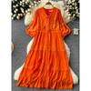 Vintage V-neck Lantern Sleeve Lace Stitching A- Line Dress