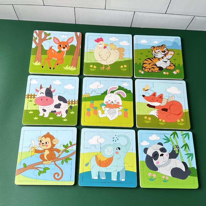 Latest 9 Piece Set Wooden Puzzle Toy Learning Cognitive Educational ideal for Toddlers Cartoon Animals Vehicles Baby Toddler Board Children Gift Idea