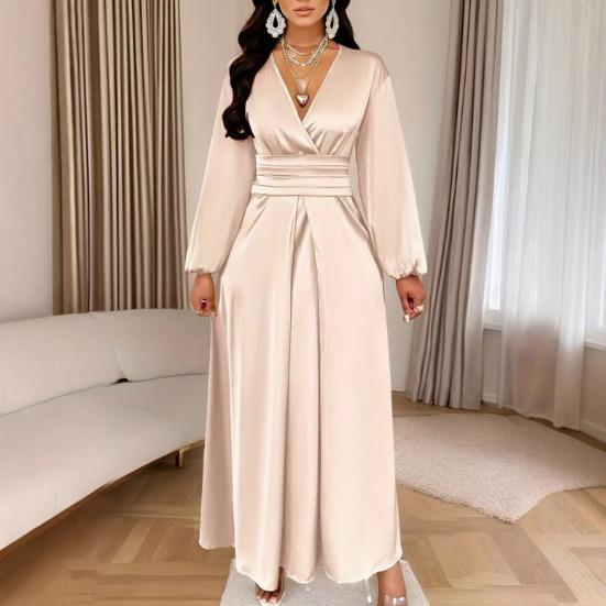 Женское летнее атласное платье-халат с V-образным вырезом, пышными элегантными длинными рукавами и приталенной талией, струящееся А-силуэта