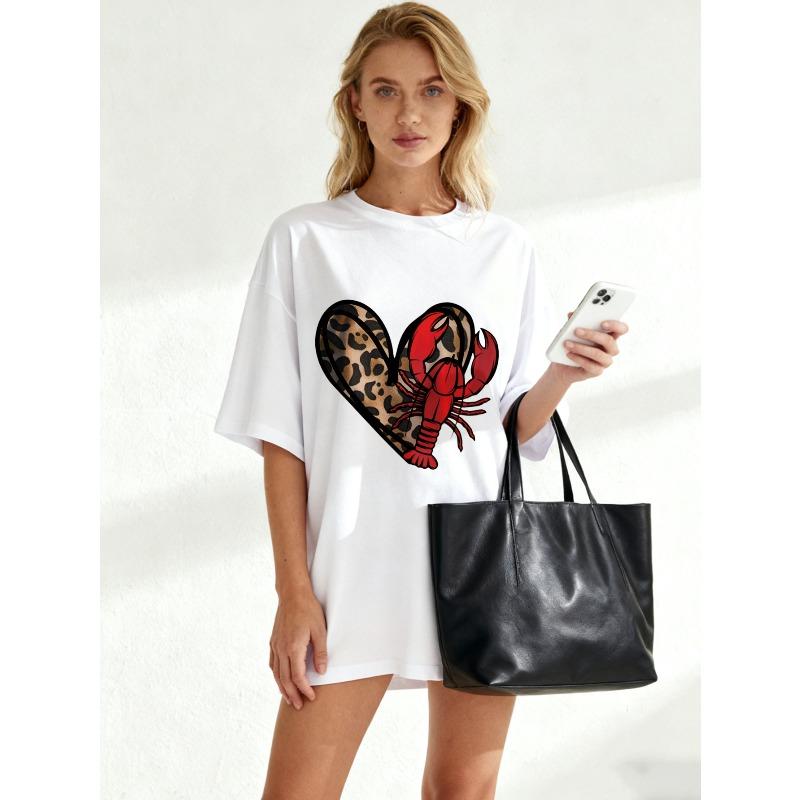 Футболка оверсайз Черный Лобстер Сердце Леопардовый принт Летняя Повседневная одежда