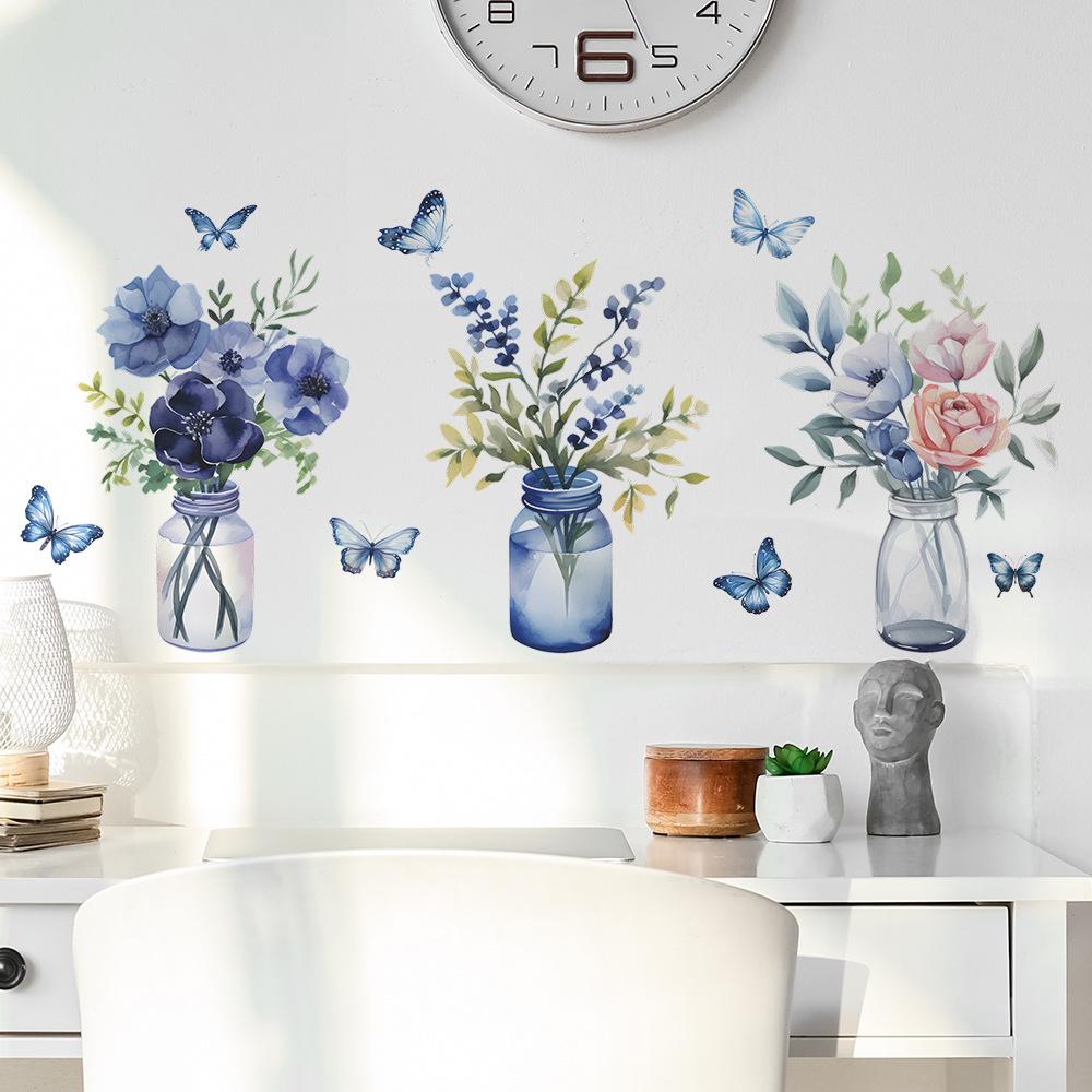 Романтичные фиолетовые цветы зеленая ваза для растений бабочка спальня гостиная украшение дома настенные наклейки