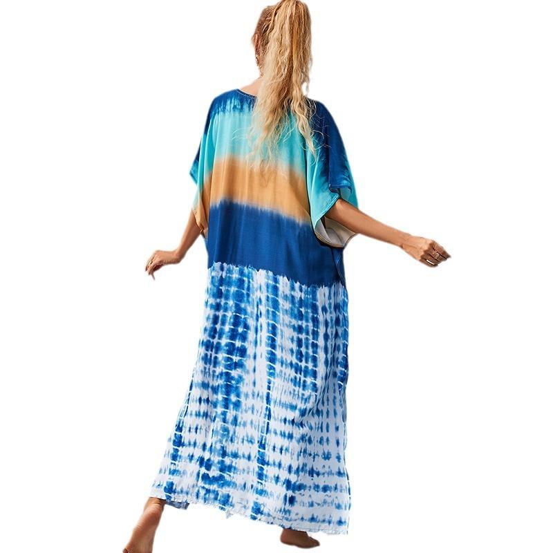 Plus Size Boho Cover Up, Women's Plus Painting Print Bat Sleeve V Neck Split Hem Maxi Cover Up Dress