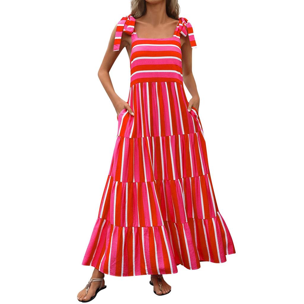Women Dresses Summer Floral Sleeveless Maxi Dress Casual Spaghetti Strap Tiered Flowy Beach Long Dress