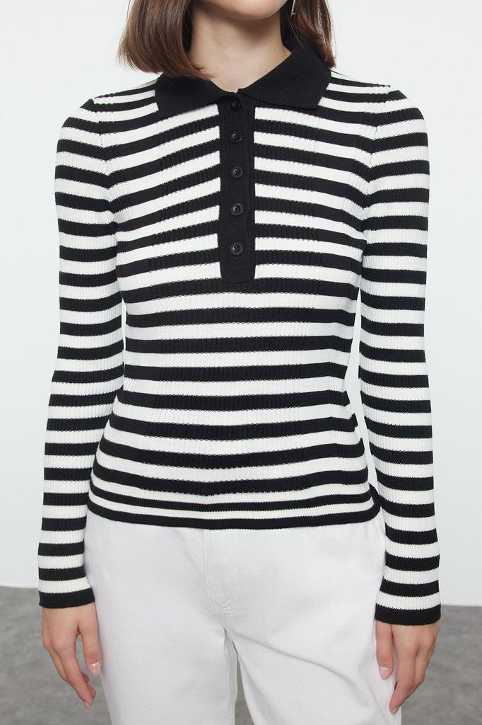 Женский модный стильный свитер, черный свитер с воротником поло, базовый полосатый трикотаж, свитер