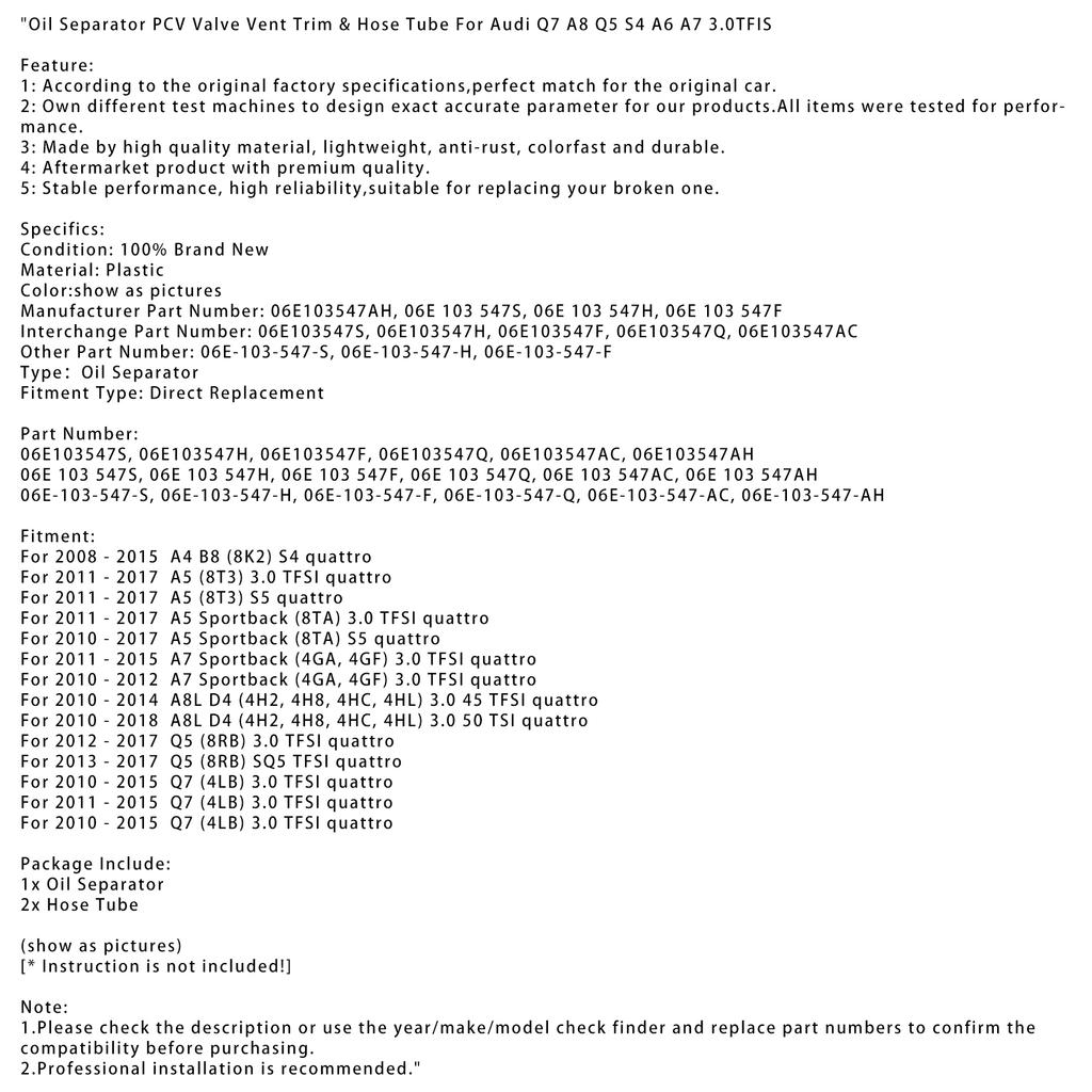 Oil Separator PCV Valve Vent Trim & Hose Tube For Q7 A8 Q5 S4 A6 A7 3.0TFIS