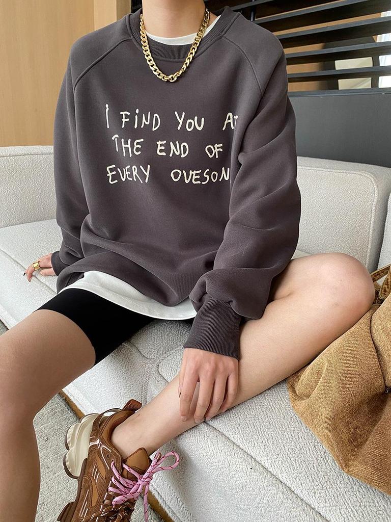 Синан Свободный стиль блогера Американский акцент Рукав реглан Боковая молния Повседневный Плюс Бархатный свитер SN6837