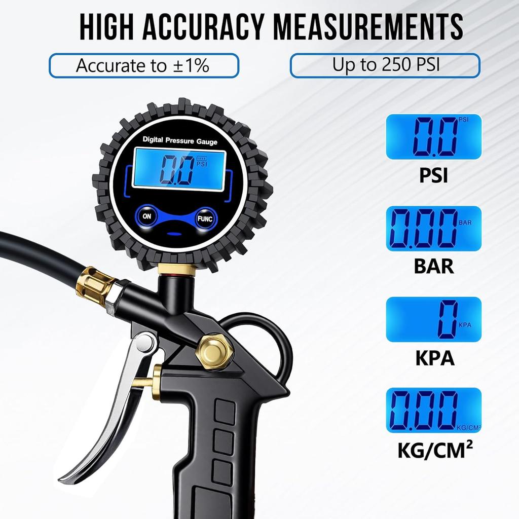 Digital Tire Pressure Gauge with Inflator, Air Compressor Accessories with Air Chuck Quick Connect Coupler, Car Attachments with Rubber Hose for Car,