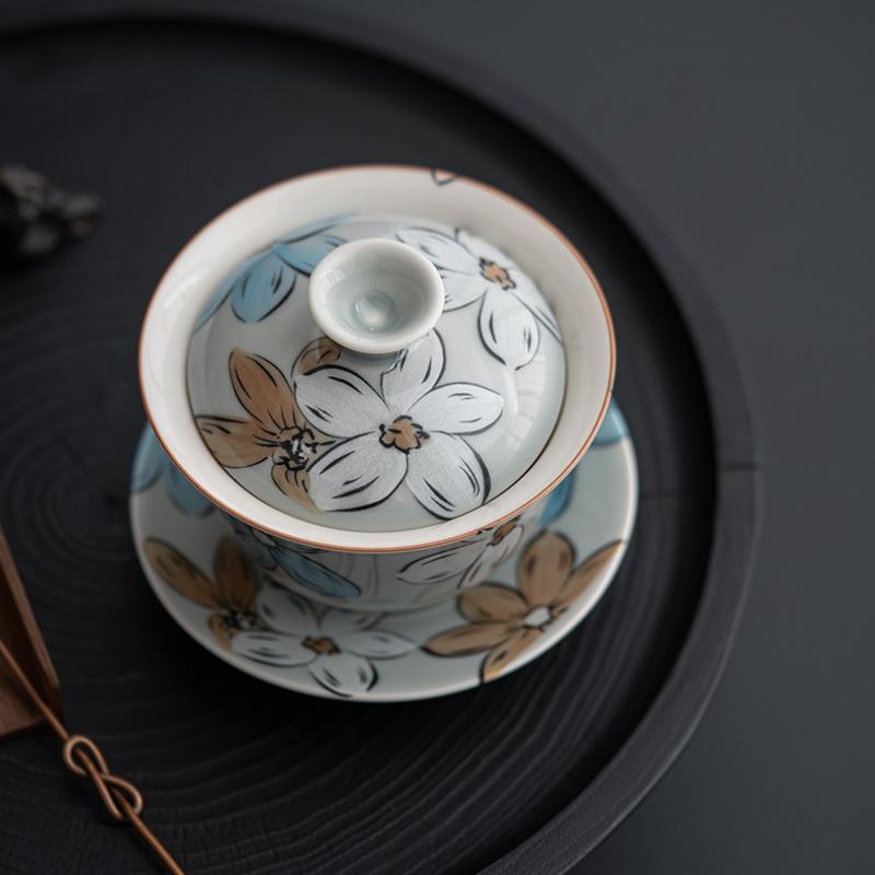 Супница с подглазурным покрытием цвета ледяной серый, трехцветная, с ручной росписью в виде цветов, Чайная чаша с изображением японской сакуры, Керамическая гайвань, Китайская посуда для кунг-фу