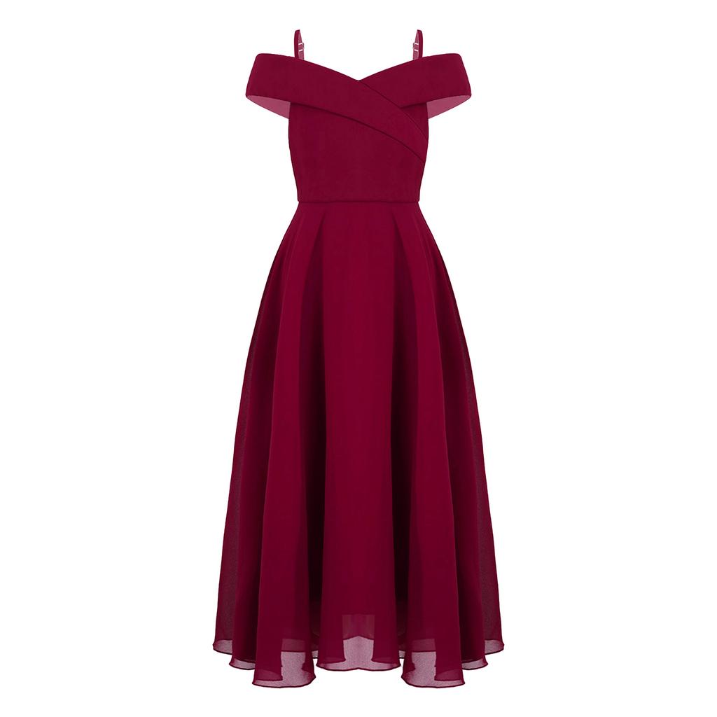 Kids Girls Elegant Chiffon Party Dress Off Shoulder Adjustable Strap Floor Length Evening Gown