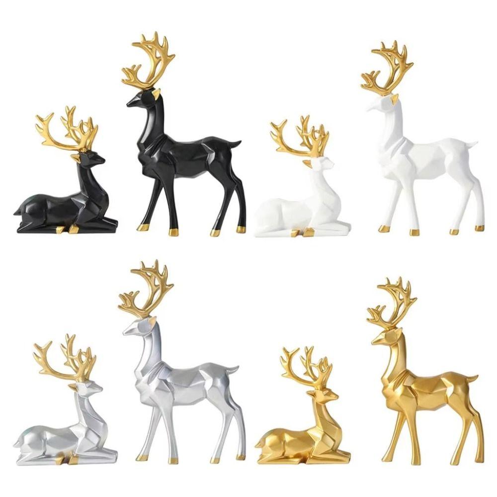2Pcs Creative Deer Desktop Ornament Modern Cute Resin Reindeer Sculpture Durable Sitting/Standing Position Elk Home Decor