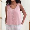 Women Summer Vest Round Neck Sleeveless Loose Fit Tops Solid Color Button Placket Design Tank Tops Streetwear