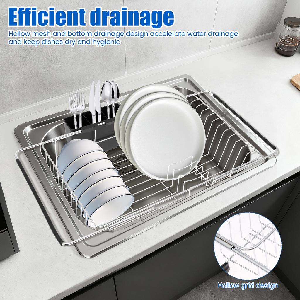 Adjustable Sink Dish Drying Rack Carbon Steel Tableware Rack with Nonslip Rubber Arm and Utensil Holder Kitchen Fruit Drainer