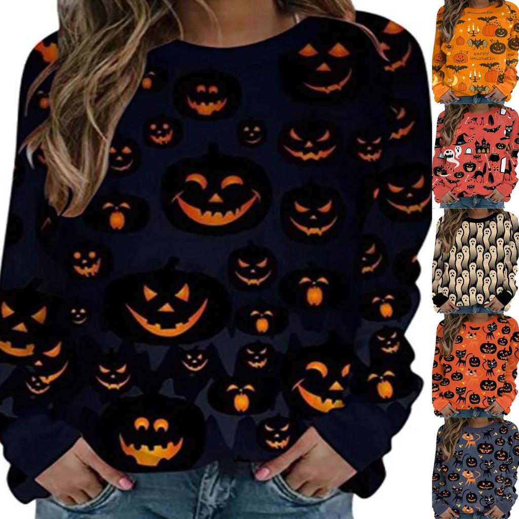 Fashion Women Halloween Print Party Round Neck Long Sleeve Socket Head Tops