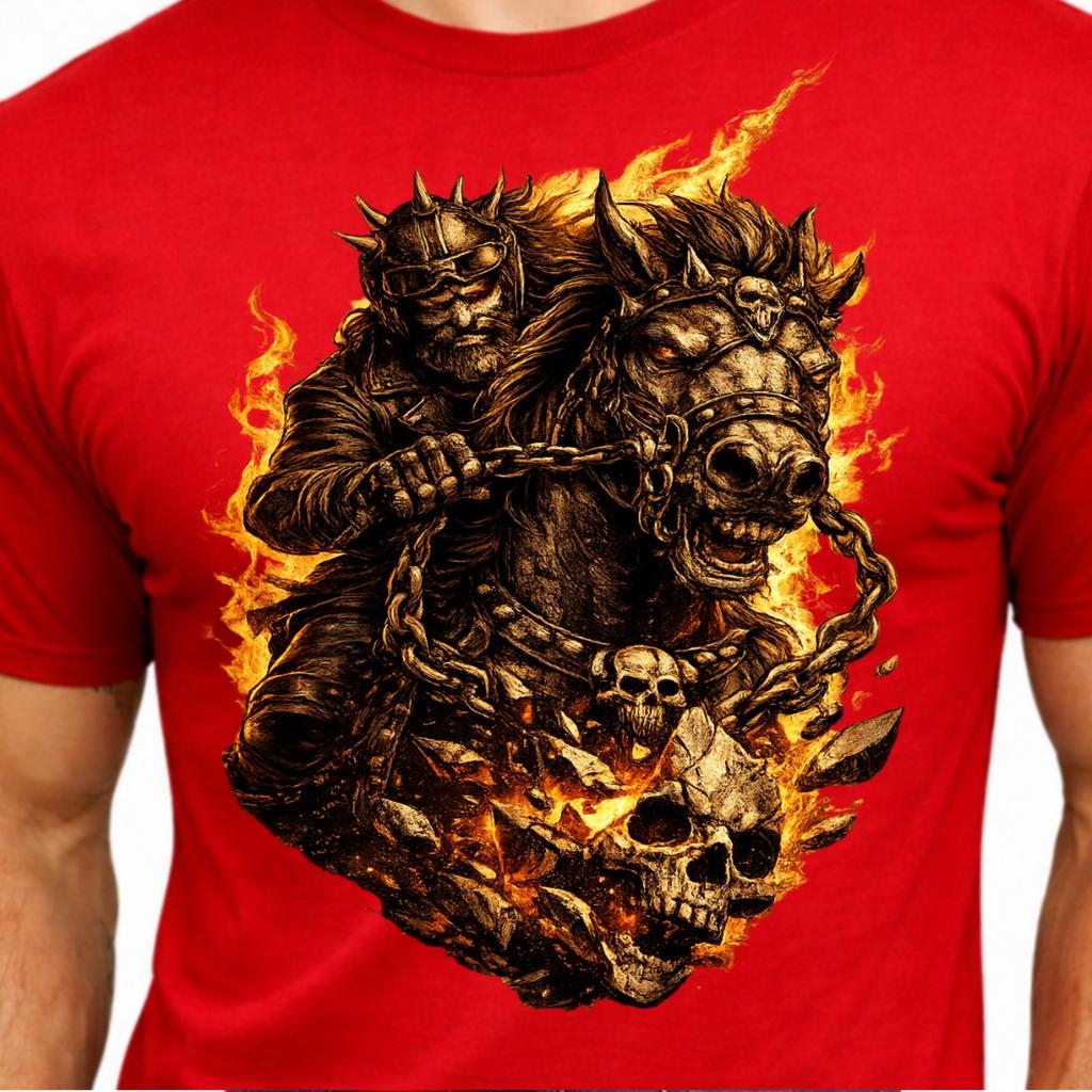 Fiery Skeleton Horse Rider Gothic Biker Flaming Skulls Chains Graphic T-Shirt.