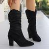 Женские модные ботильоны на высоком каблуке с острым носком и присборенным голенищем, замшевые ботильоны на толстом каблуке, зимняя обувь больших размеров