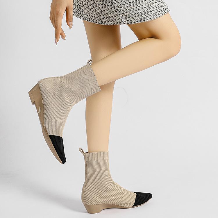 Женские весенние вязаные цветные заостренные ботинки с острым носком, повседневные, с покатым каблуком, эластичные, короткие, ботинки Martin, туфли для рыцарей, размеры 34-40