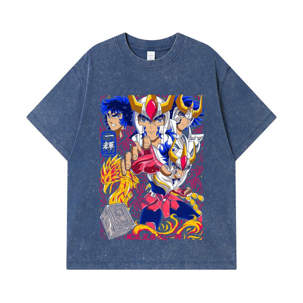 Стиранные футболки 275 г/м² 100% Хлопок Saint Seiya V7 Принт Феникса Унисекс Тяжелая хлопковая футболка