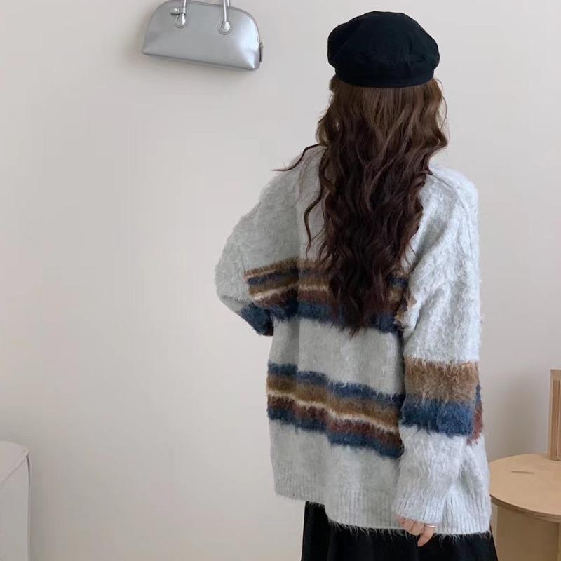 Полосатый вязаный свободный кардиган женский Harajuku Chic винтажные свитера универсальная осенне-зимняя трикотажная одежда с V-образным вырезом в корейском стиле