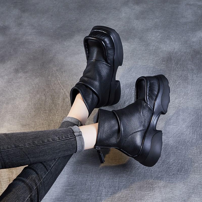 Johnature Короткие ботинки из натуральной кожи на толстом каблуке и толстой подошве, женские туфли на платформе в стиле ретро с круглым носком, ботильоны