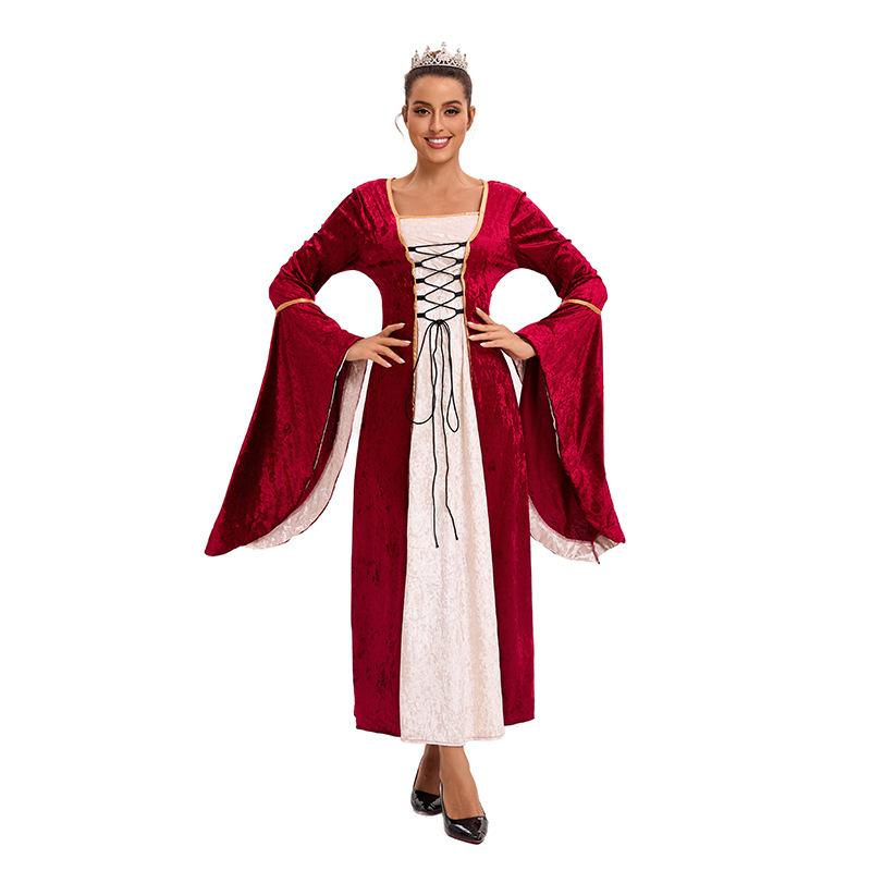 Plus Size Women's Golden Velvet Straps Flared Sleeves Vintage Medieval Dress Stage Performance Clothing